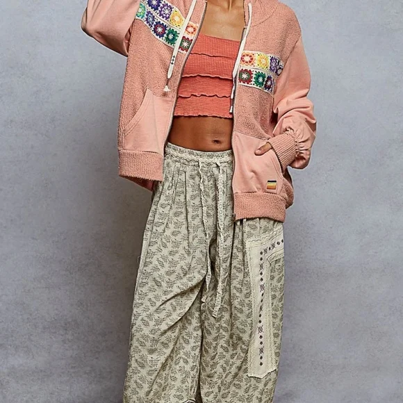 New POL Clothing Women's Crochet Patch French Terry Hoodie Jacket Peach Boho - Picture 7 of 12